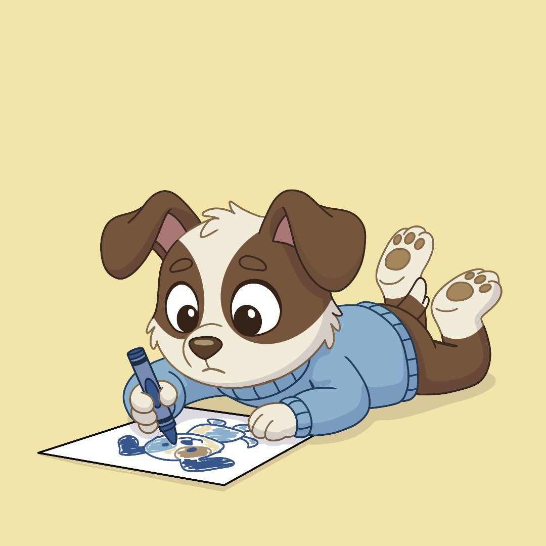 Bru lying on the floor, coloring with a blue crayon