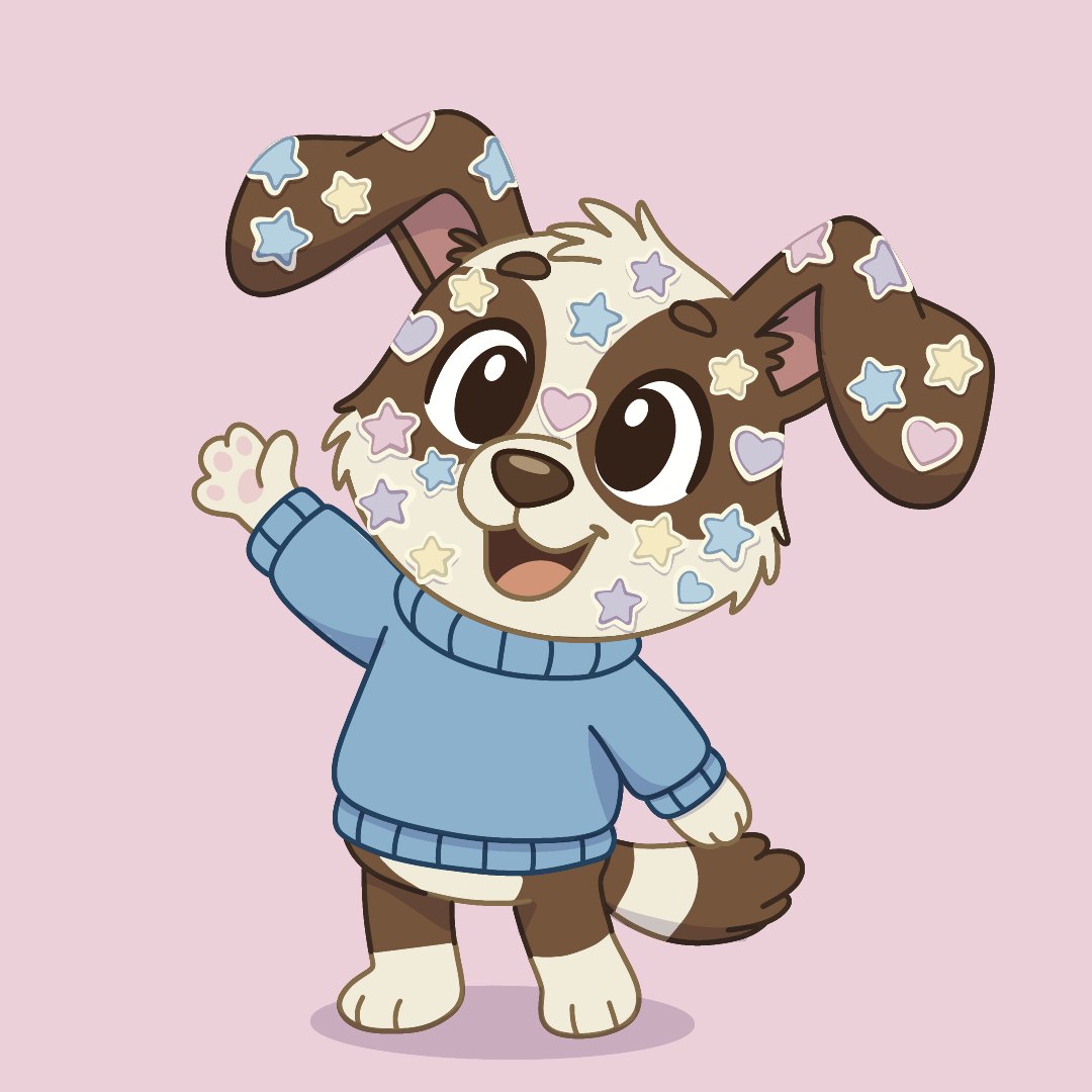 Bru the pup, covered in stickers, waving hello